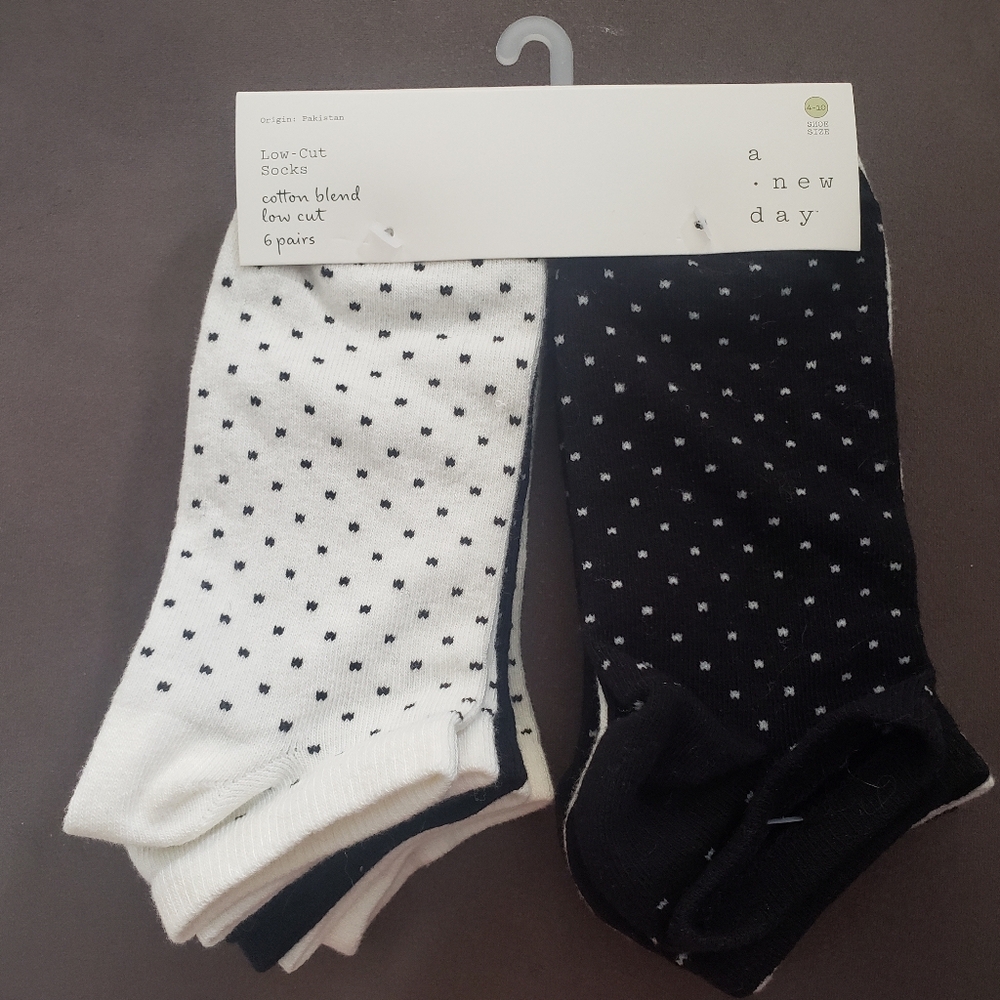 6 Pk A New Day Black White Polka Dot Low-Cut Crew Socks